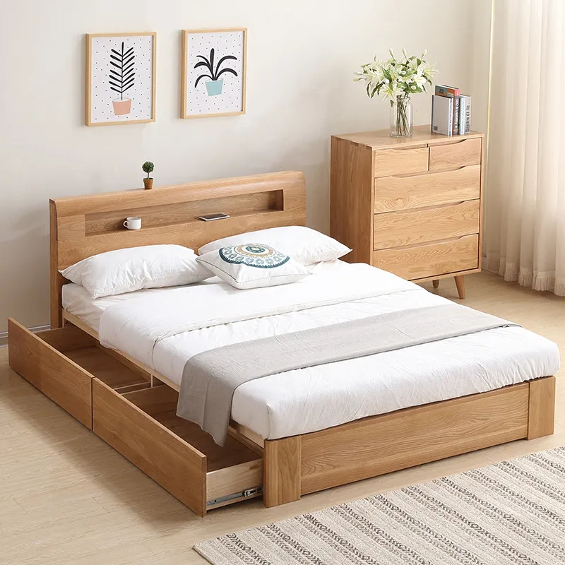 Giường ngủ gỗ sồi có ngăn kéo hiện đại